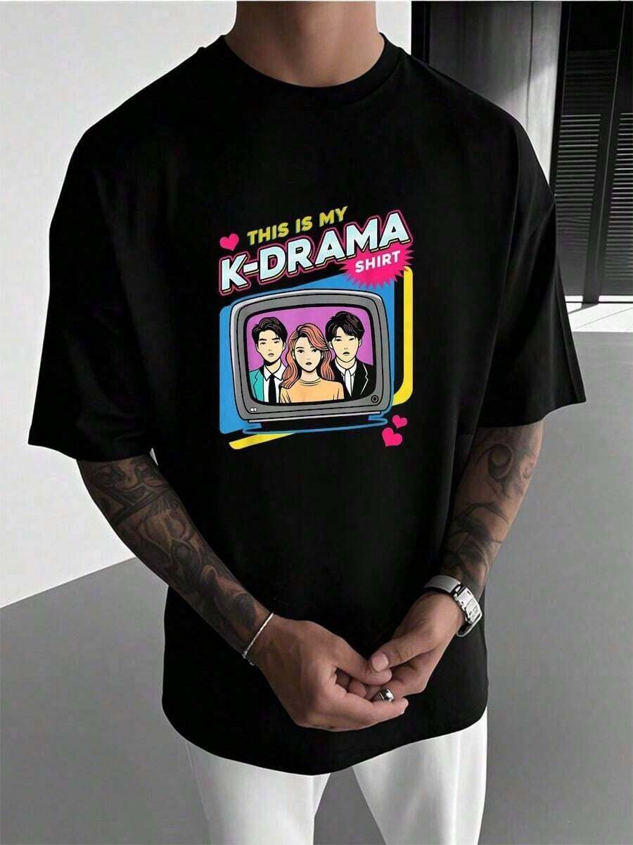 [Korean Drama Shirts Women This Is My K Drama Watching-Shirt Men's-Shirt Graphic Tees  Crop Tops  Outfits   Tops-Shirt - 黑色 - 查看 1
