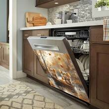 1pc 2D Flat Printed Magnetic Dishwasher Door Sticker With Pattern Of Two Brown Mice Sitting In A Wooden Boat Filled With Maple Leaves Floating On Water, Surrounded By Falling Yellow Leaves And Golden Forest - Waterproof, Easy To Clean, Reusable, Suitable For Dishwasher, Refrigerator, Washing Machine, Dryer Decoration, No Glue Needed, Kitchen Decor Accessory, Fits Most Dishwashers, Home Decoration