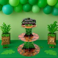 1pc/2pcs, Green Pixel Block Cupcake Rack, 3 Layers Dessert Rack Game Party Supplies Video Game Cup Dangao Boys Girls Birthday Decorations, Adventure Craft Theme Healing Tower Birthday Party Decorations (Pixel Style)