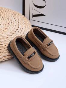 1 Pair Slip-On PU Leather Infant Flat Shoes, Fashion Comfortable Non-Slip Durable Toddler Loafers, Metal Buckle Strap, Suitable For Daily Wear, All Seasons - Brown - View 2