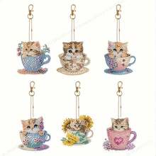 6pcs DIY Diamond Painting Keychains, 5D Diamond Art Keychains, Spring Cup Cat Diamond Keychains, Handmade Mosaic Painting Keychains, DIY Kit (Suitable For Beginners) - Multicolor - View 5