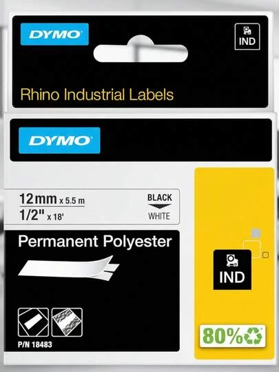  Dymo M18483 Cinta Rhino Poly Perm 12mm 1/2", blanco, cintas industriales