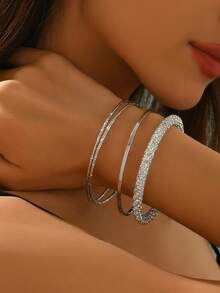 4pcs/Set Minimalist Fashionable Metal Rhinestone Round Bangle Bracelets, Suitable For Daily Wear