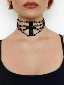 1 pieza Collar de capas con cuentas y cruz de estilo punk gótico para mujer, accesorio para fiestas, festivales de música, reuniones