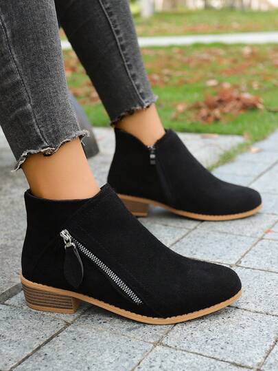 Stivaletti Chelsea da donna con tacco basso e punta tonda, con cerniera laterale, stivaletti alla caviglia corti, di colore unito, adatti per primavera/autunno