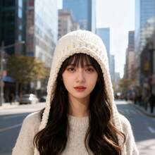 Autumn Winter Gentle Style Knitted Hooded Hat With Unique Braided Design, Warm Ear Protection Hat, Face Slimming Solid Color Balaclava For Women, Autumn Winter Ear Protection Warm Head Wrap Knitted Hat - 酒紅色 - 查看 9