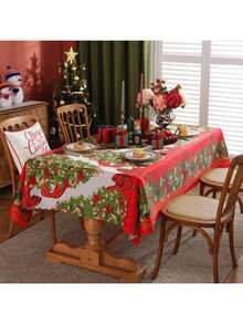 Une nappe de Noël joyeuse - motifs de fleurs rouges et d'arbres de Noël, en polyester, décorations rectangulaires pour le repas de fête