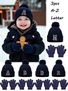 儿童冬季针织帽手套三件套，适合男婴和女婴，A-Z字母针织帽带绒球，儿童保暖手套，适合4-8岁儿童日常保暖穿着 - 藏蓝色 - 查看 1