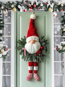 1 Decoración navideña de enano festivo para puerta, corona de puerta de poliéster con base a rayas rojas, sin necesidad de electricidad, decoración de pared festiva