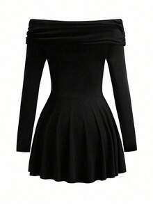 Vestido De Hombros Descubiertos Y Manga Larga De Color Sólido - Negro - Ver 2