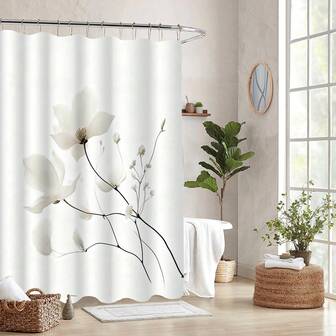 1 pieza Elegante cortina de ducha blanca con flores, con 12 ganchos - Perfecta para la decoración de tu baño y la decoración navideña