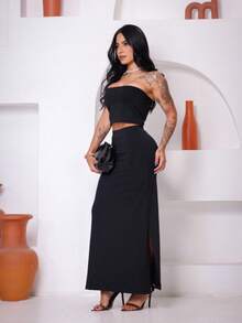 Women's Set Long Skirt And Cropped Strapless Summer Fashion - Black - View 10