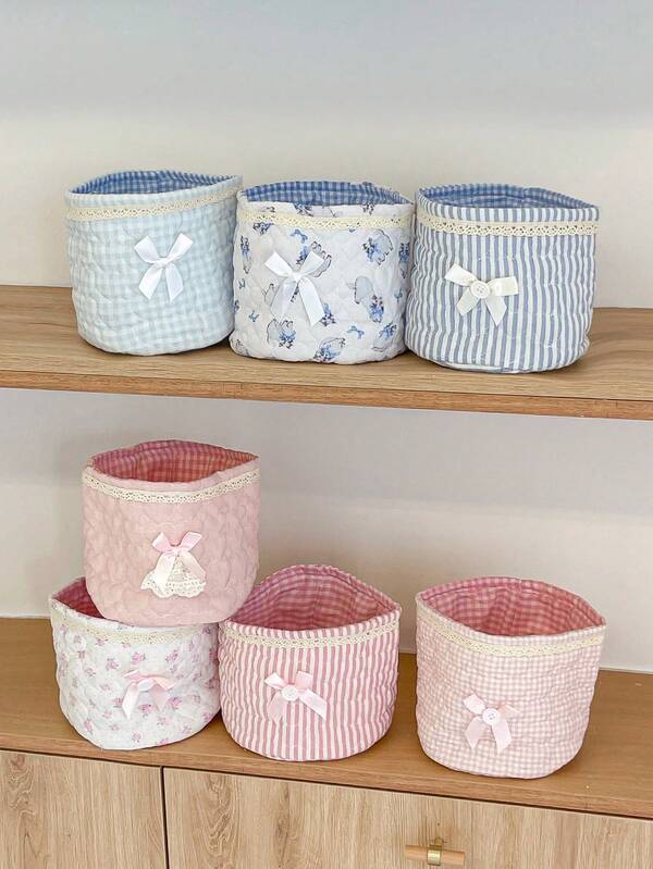 1pc Cute Striped/Plaid/Bear Print Makeup Organizer Basket, Decorated With Bow Ribbon, Multifunctional Cosmetic Storage Box For Lipstick, Brushes, Skincare, Pens, Hand Cream, Hair Clips, Phones, Earphones Etc.