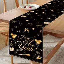 1Pc 2026 Black Gold New Year Linen Table Runner,Happy New Year Table Cover With Balloons,Firework And Gifts Design,183*33cm Linen Cloth Tablecloth,New Year Home Decor,New Year Party Supplies,New Year Celebration Decorations,New Year's Eve Decor,Kitchen Decor,Tabletop Decor