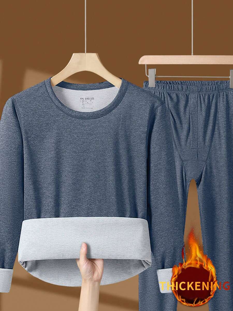 1 Set Men's Thermal Underwear Set, Elastic Fabric Base Layer Warm Sleepwear Loungewear, Autumn/Winter - Blue - View 1