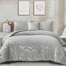 Grey Metallic Silver Duvet Cover With 2 Pillowcase Geometric Striped Bedding Set Soft Microfiber Double King Size - Grey - View 11