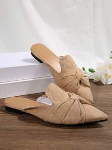 Khaki Pointed Toe Mule Shoes For Women, Bowknot Decor, Office Casual Loafers, Suede Fabric, Slip-On Design, Elegant & Versatile Flat Shoes For Spring & Autumn,Mothers Day Gift - Khaki - View 9
