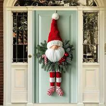 1 Decoración navideña de enano festivo para puerta, corona de puerta de poliéster con base a rayas rojas, sin necesidad de electricidad, decoración de pared festiva