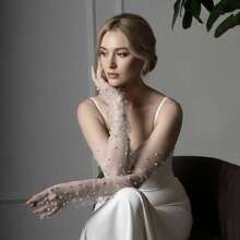1 Pair Minimalist Bridal Wedding Dress Sheer Mesh Fabric Faux Pearl Arm Decor Gloves, Bridal Accessory