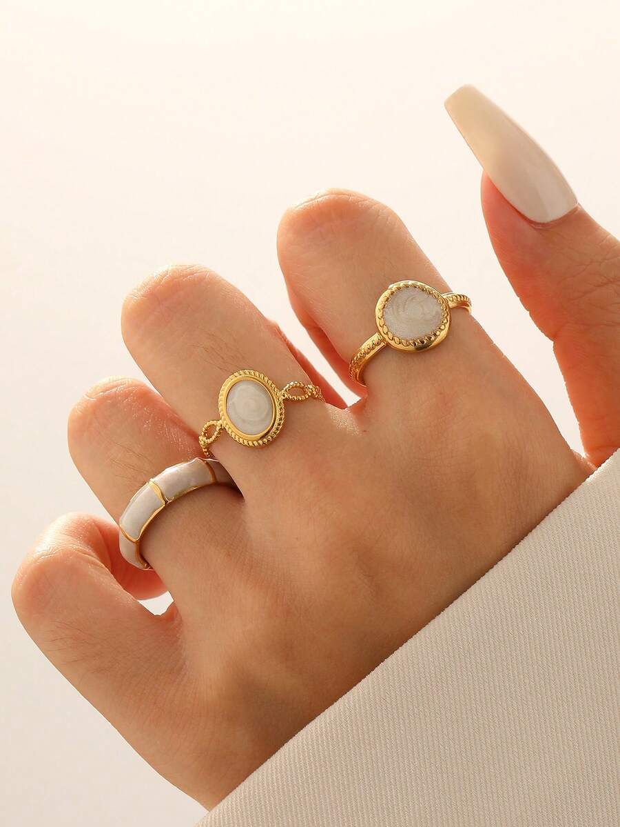 3pcs/Set Fashionable Minimalist Versatile High-Quality Plated Stainless Steel Geometric Round Open Ring, Adjustable Fit For Women Daily, Party, Date Wear