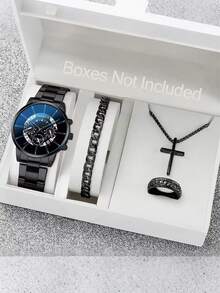4-Piece Stylish Business Casual Men's Watch Set, Including A Stainless Steel Quartz Movement Watch, A Cross Necklace, A Bracelet And A Ring - Business Casual Style - The Perfect Gift For Him, Birthday Gift, Graduation Gift