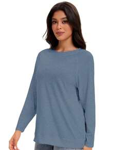 Luueen Women's Fall Basic Long Sleeve Shirts Casual Loose Fit Stylish Fashion Tops - Màu xanh mờ - Xem 10