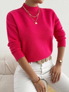 Plus Mock Neck Drop Shoulder Sweater - Hot Pink - View 1