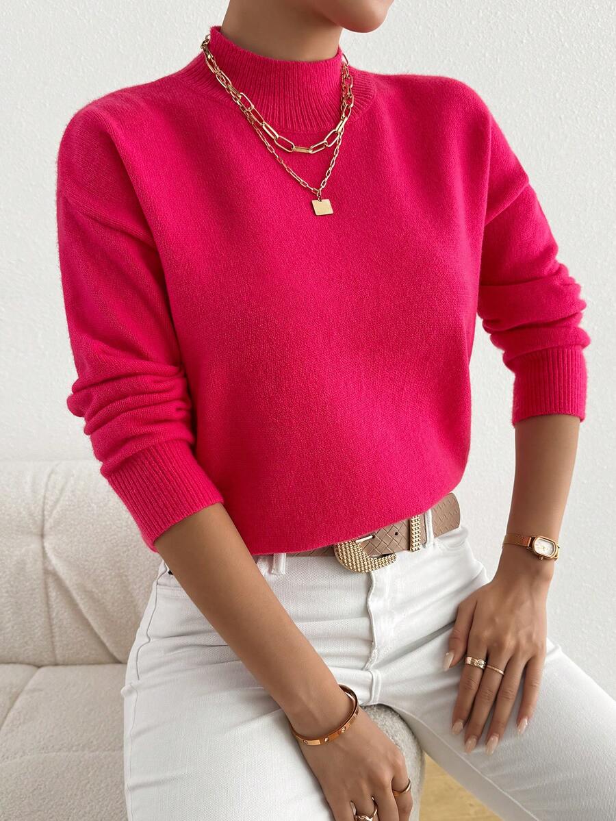 Plus Mock Neck Drop Shoulder Sweater - Hot Pink - View 1
