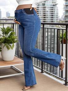 Pantalones de mezclilla flare para embarazada  - Banda elástica parcial, lavado vintage suave