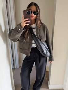 Chaqueta de ante gris para mujer, de corte oversize, de uso casual, con bolsillos con cremallera, para otoño e invierno