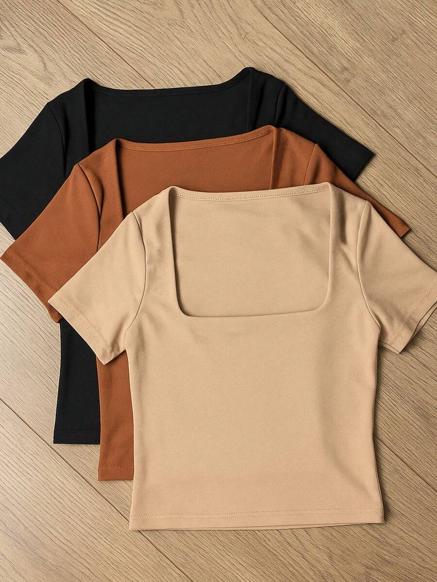 Square Suplex Cropped Top With Casual Lining For Women, Kit With 3 - Black/Brown/Beige - View 1