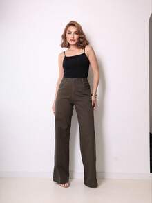 Women's Wide Leg Jeans, High Waist, Butt Lifting, 2025 - 軍綠色 - 查看 4