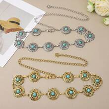 Corrente de Cintura de Metal Prateado Fashionable & Versátil para Mulheres com Incrustação de Pedra Esculpida em Flor, Cinto de Corrente Vintage Gravado, Acessório