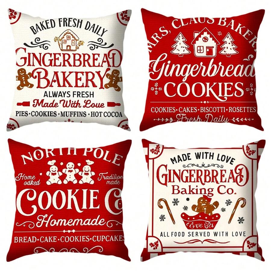 4 pièces Housses de coussin de Noël, 45 x 45 cm, avec fermeture éclair, design de Noël vintage, décoration de vacances de style ferme, convient pour le porche, le patio, le canapé, le sofa, le salon - (Inserts non inclus), Décoration de Noël