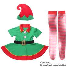 圣诞精灵儿童套装万圣节角色扮演服装儿童绿裙子+条纹袜+尖顶帽+腰带角色扮演派对服装 - 綠色 - 查看 15