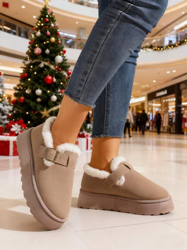 بوت نسائي جديد لموسم خريف/شتاء 2025 متعدد الاستخدامات للداخل والخارج، ذو نعل سميك مانع للانزلاق، بوت شتوية مغلقة الأصابع مبطنة بالفرو للارتداء في الخارج، وأحذية منزلية داخلية