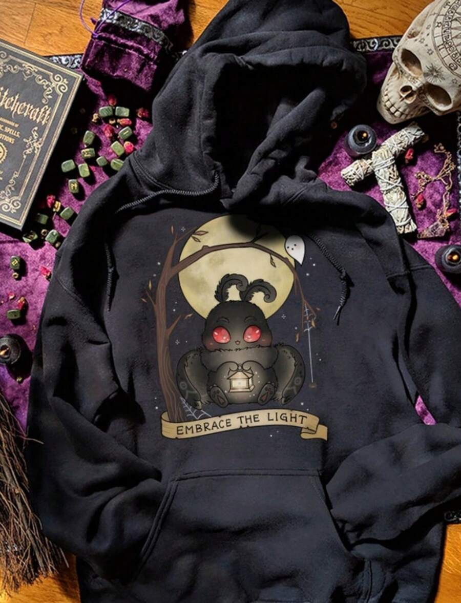 Embrace The Light Baby Mothman Hoodie Spooky Cute Hoodies Cryptid Merch Goth Clothing Gothic Sweatsh - 黑色 - 查看 1