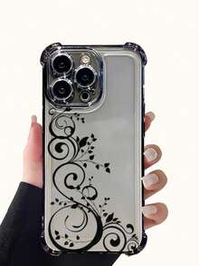 1pc Transparent Black Floral Vine Pattern ,Electroplated Phone Case With 4-Corner Airbag Protection ,Drop & Impact Resistant, Holiday Gift For Girlfriend Or Self-Use, Compatible With IPhone 17/16/15/14/13/12/11/XSMAX/XS/X Series & Galaxy S25/S24/S23/S22 Series - màu đen - Xem 1