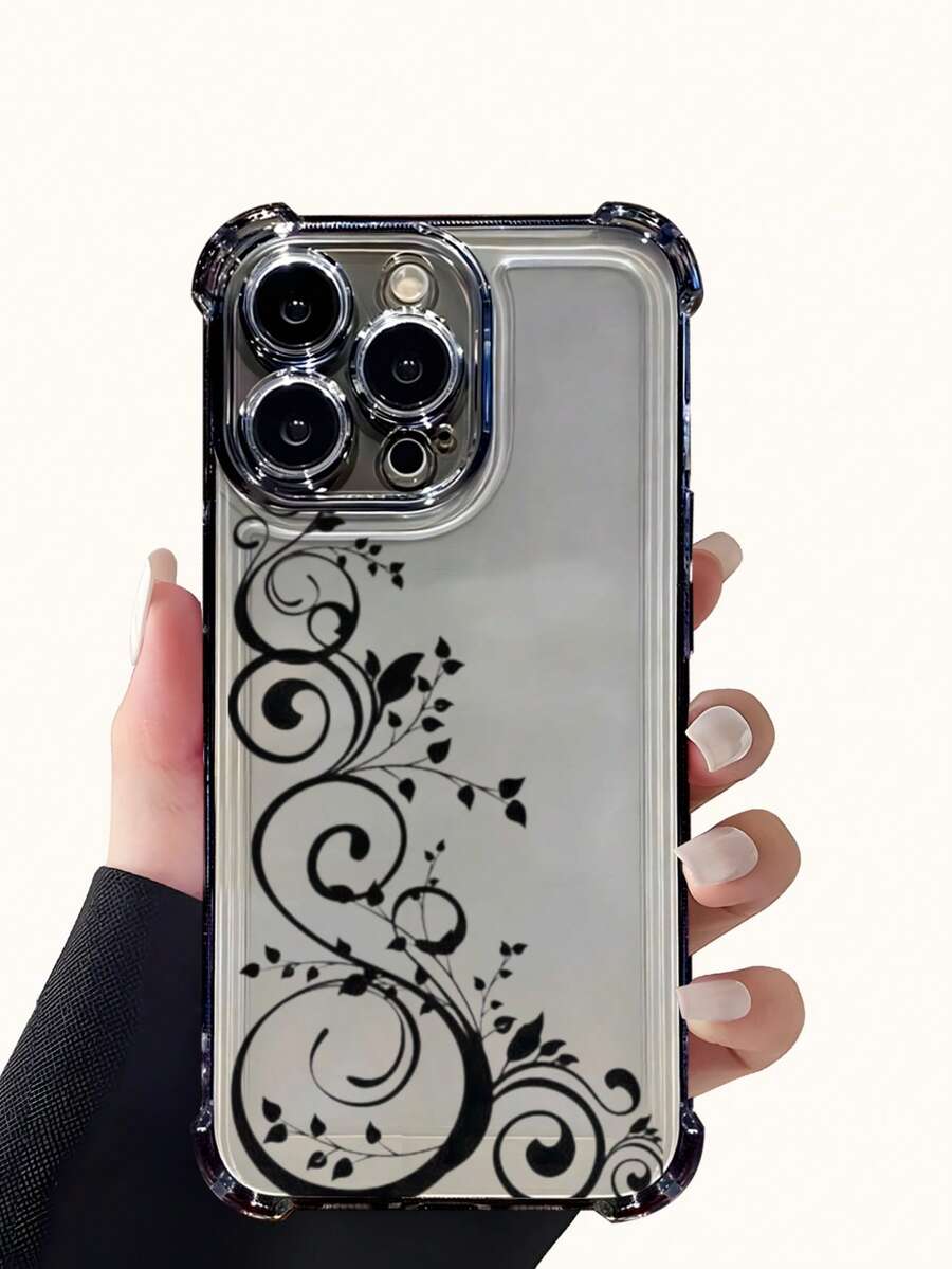 1pc Transparent Black Floral Vine Pattern ,Electroplated Phone Case With 4-Corner Airbag Protection ,Drop & Impact Resistant, Holiday Gift For Girlfriend Or Self-Use, Compatible With IPhone 17/16/15/14/13/12/11/XSMAX/XS/X Series & Galaxy S25/S24/S23/S22 Series - màu đen - Xem 1