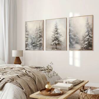 3 件套圣诞森林白雪场景墙画--冬季村庄装饰--雪景冬季艺术--适用于家庭--办公室--浴室--客厅--卧室--餐厅--风景主题和叶子图案室内外墙壁