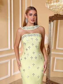 Love Aing Women's Yellow Rhinestone Scarf, Elegant Luxury Formal Evening Gown, Suitable For Formal Dinner, Business Party, Wedding Guest, Date Dress