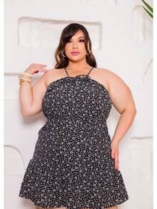 DRESS All-Over Print Flowers Ruched Ruffled Hem Holiday - Printed Black - View 4