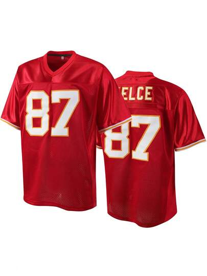 Atonmore 男士 87 红色美式橄榄球球衣休闲短袖刺绣缝线 V 领 T 恤派对橄榄球运动上衣