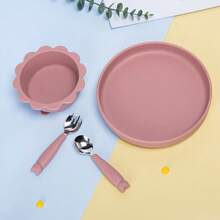 4-częściowa silikonowa miska do karmienia niemowląt i małych dzieci, talerz, widelec i łyżka ze stali nierdzewnej, motyw kota, z przyssawkami, do mikrofalówki i zmywarki