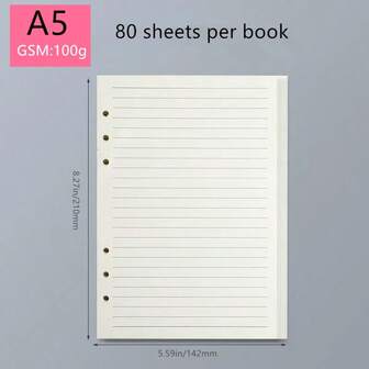 1 Pack 80 Sheets/160 Pages Loose Leaf Notebook Paper (White Lined Pages), 100g Thick Cream-Colored Dotted Kraft Paper, Available In 3 Sizes: A6 (6 Holes, 105*170mm/4.13*6.69in), A5 (6 Holes, 142*210mm/5.59*8.27in), B5 (9 Holes, 182*255mm/7.16*10in)