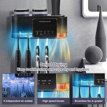 Soporte para Cepillo de Dientes con Pantalla, Porta Cepillos Dentales Montado en la Pared para Desinfección uv y Secado, USB Y Carga solar Organizador de Baño Caja con 2 Tazas sin Perforación (Negro) - Blanco - Ver 6