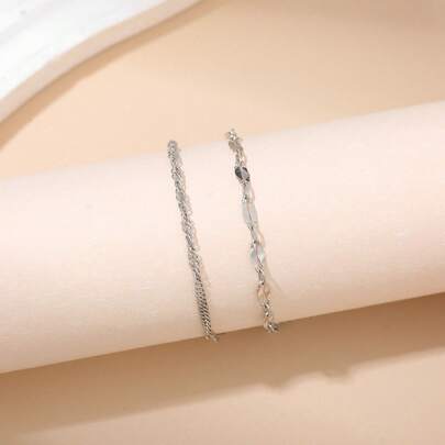 2 طقم أساور سلسلة رقيقة باللون الفضي، قابلة للتعديل، بتصميم بسيط وأنيق