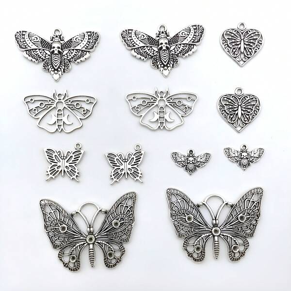5/12 pezzi Ciondoli in argento antico traforati a forma di farfalla e insetto, per la realizzazione di gioielli e decorazione di abbigliamento.