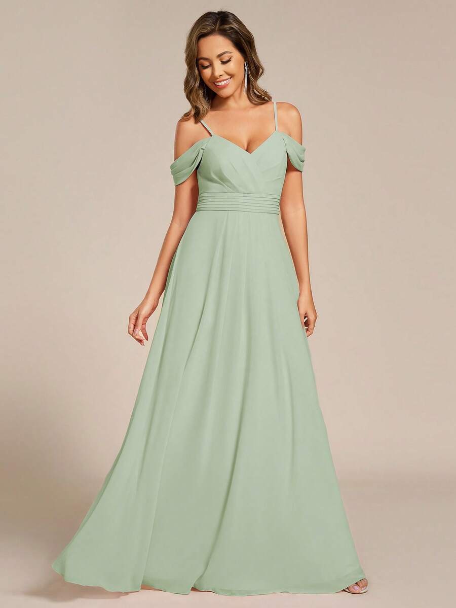 Elegante vestido de dama de honor verde oliva que define la cintura para recepciones de boda y fiestas de banquete en otoño/invierno