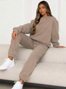 Women's Autumn And Winter Simple Solid Color Loose Pullover Sweatshirt + Solid Color Elastic Waist Cuff Trousers Casual Fashion Temperament Commuting Versatile Two-Piece Suit, Personalized Niche Design, Casual And Comfortable - 米色 - 查看 2